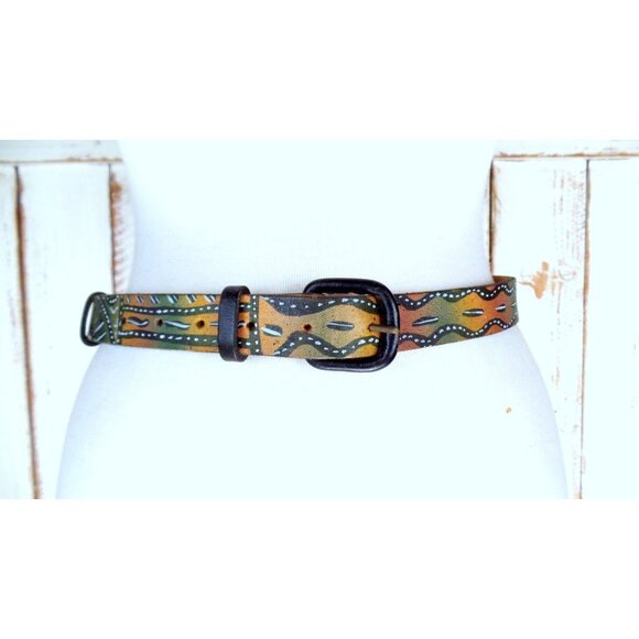 90s vintage hand painted tribal art leather belt - Picture 1 of 5